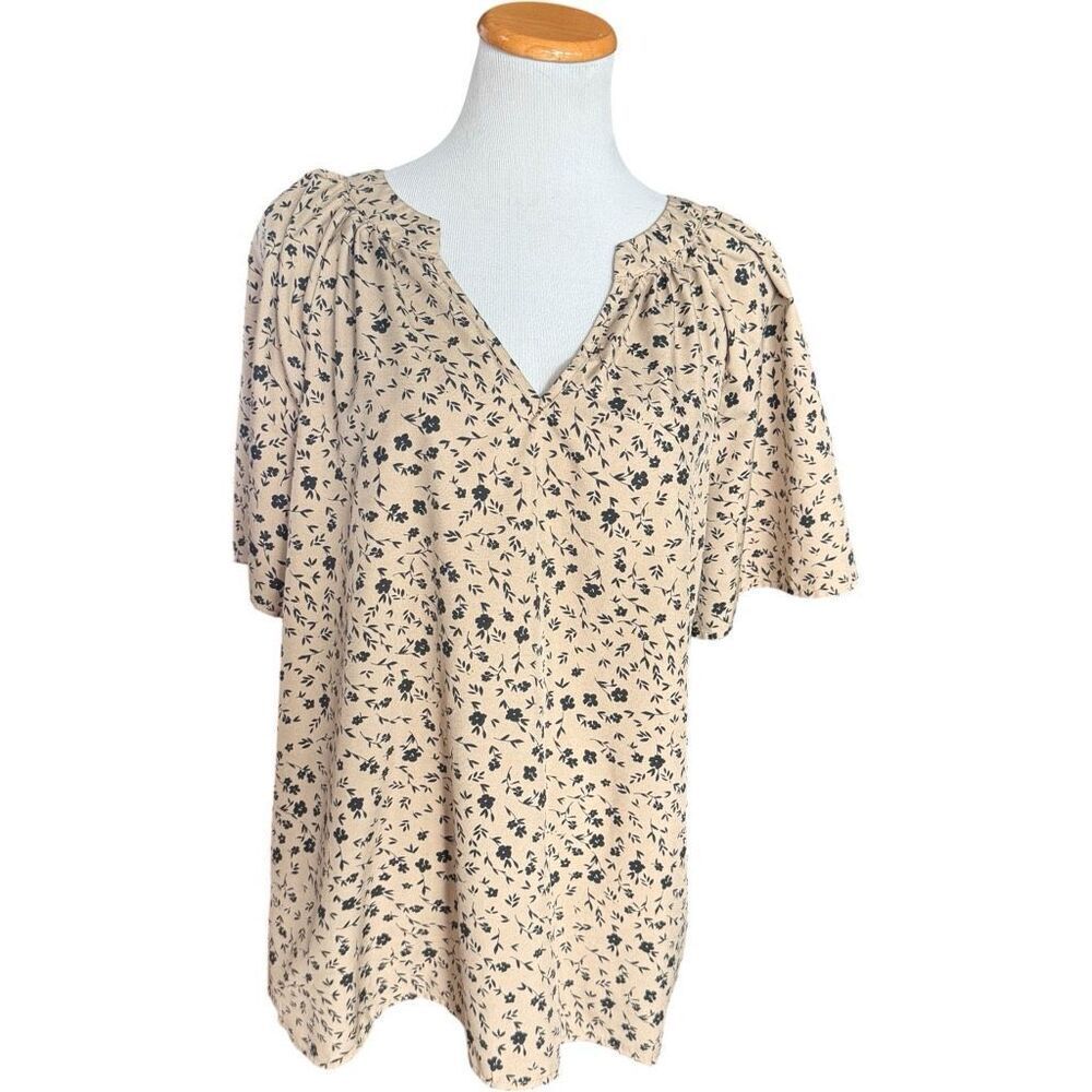 Womens Shein Floral Print Tan Split Neck Short Sleeve Top Blouse - Sz XL